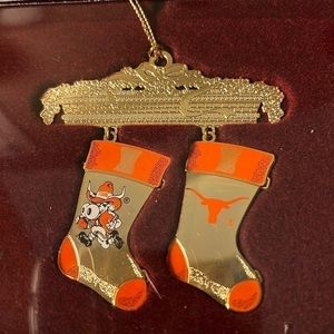 𝅺ut Austin  24k gold finished brass Christmas Ornament with two Texas Longhorns